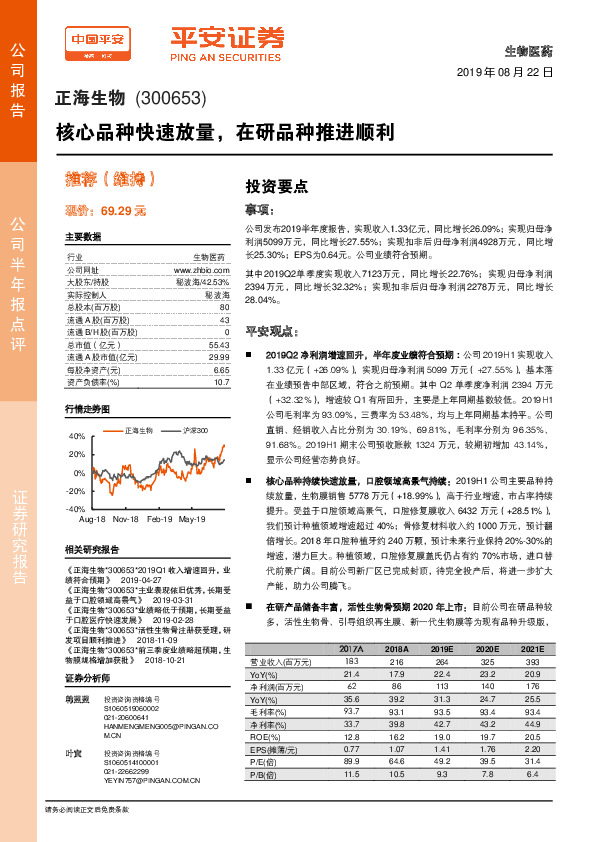 核心品种快速放量，在研品种推进顺利