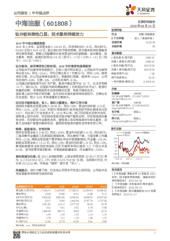 钻井板块弹性凸显，技术服务持续发力