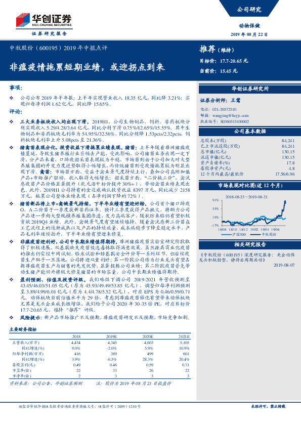 2019年中报点评：非瘟疫情拖累短期业绩，或迎拐点到来
