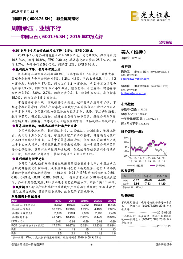 2019年中报点评：周期承压，业绩下行