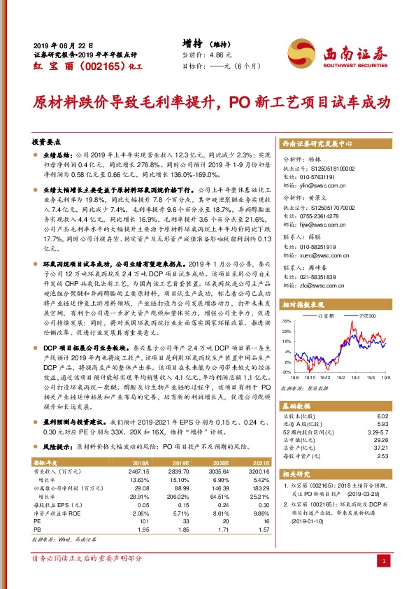 原材料跌价导致毛利率提升，PO新工艺项目试车成功
