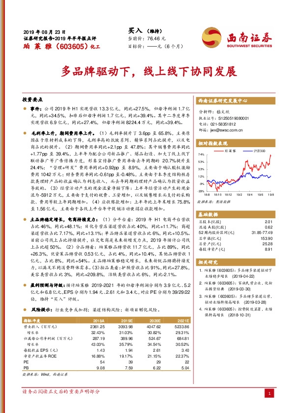 2019年半年报点评：多品牌驱动下，线上线下协同发展
