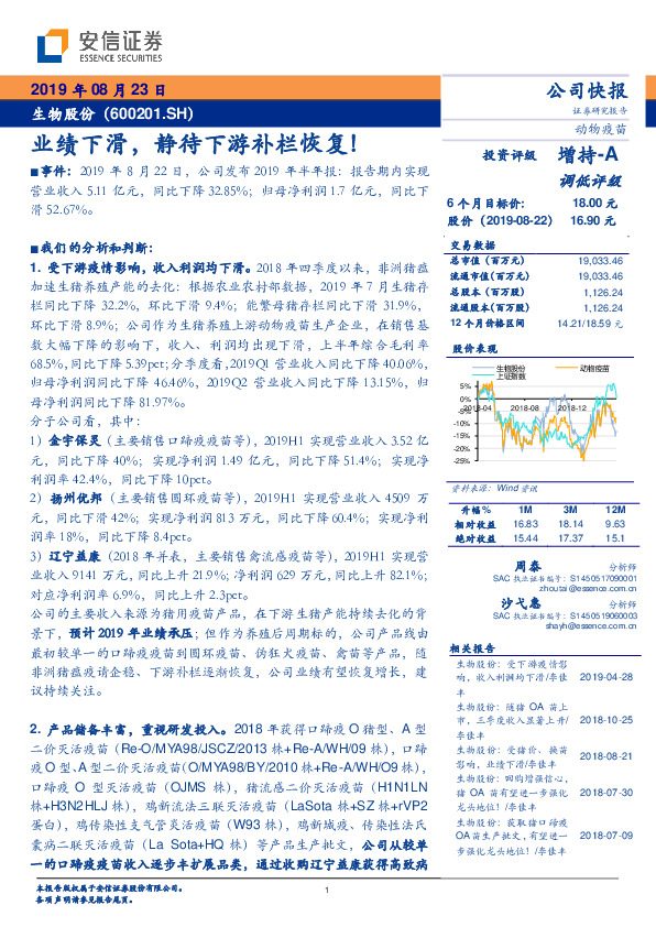 业绩下滑，静待下游补栏恢复！