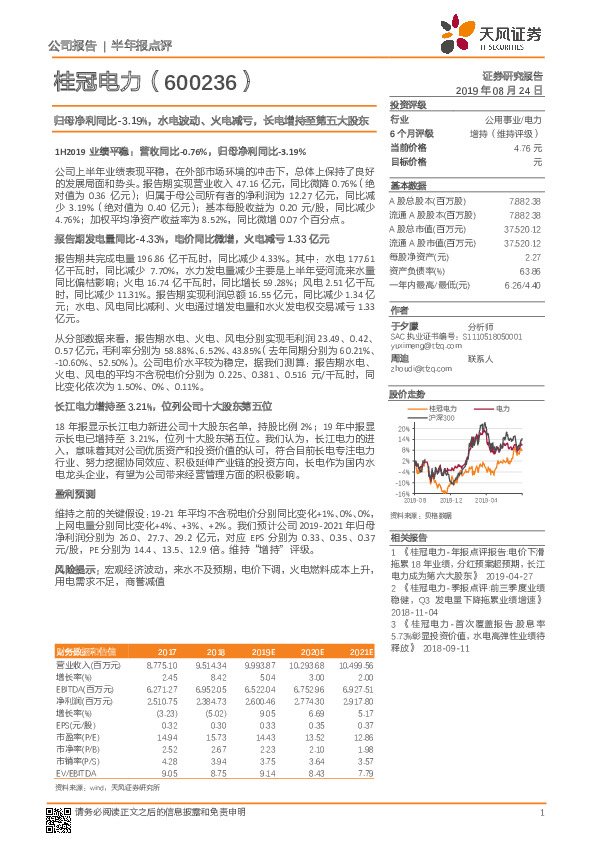 归母净利同比-3.19%，水电波动、火电减亏，长电增持至第五大股东
