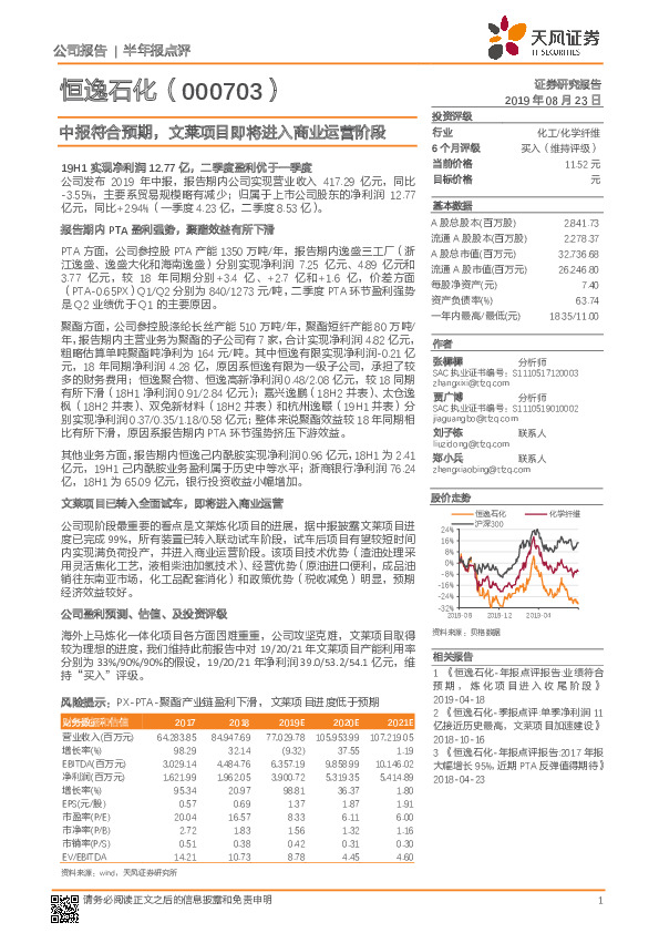 中报符合预期，文莱项目即将进入商业运营阶段