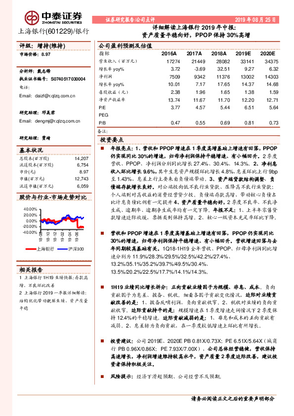 详细解读上海银行2019年中报：资产质量平稳向好，PPOP保持30%高增