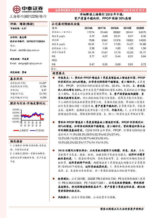 详细解读上海银行2019年中报：资产质量平稳向好，PPOP保持30%高增