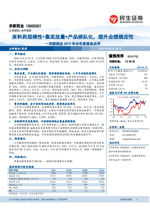 2019年半年度报告点评：原料药规模性+集采放量+产品梯队化，提升业绩确定性