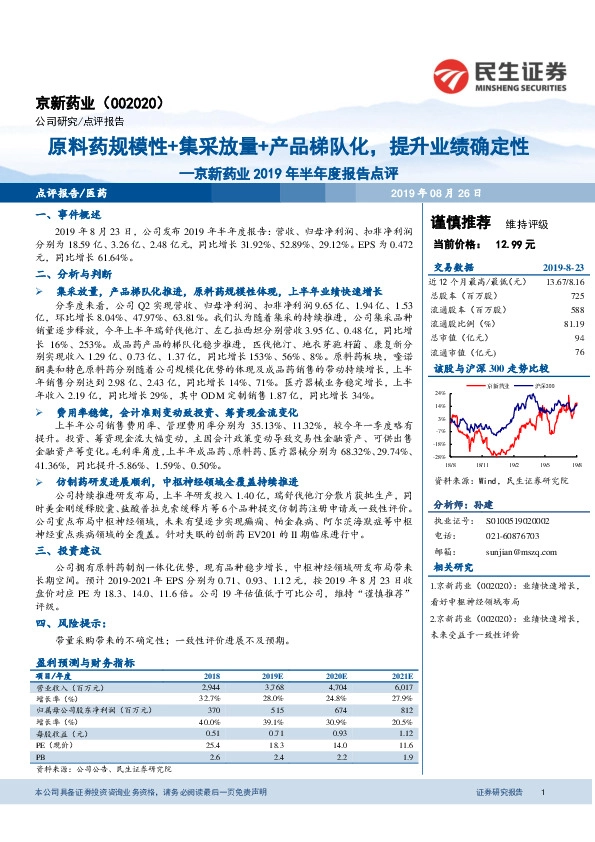 2019年半年度报告点评：原料药规模性+集采放量+产品梯队化，提升业绩确定性
