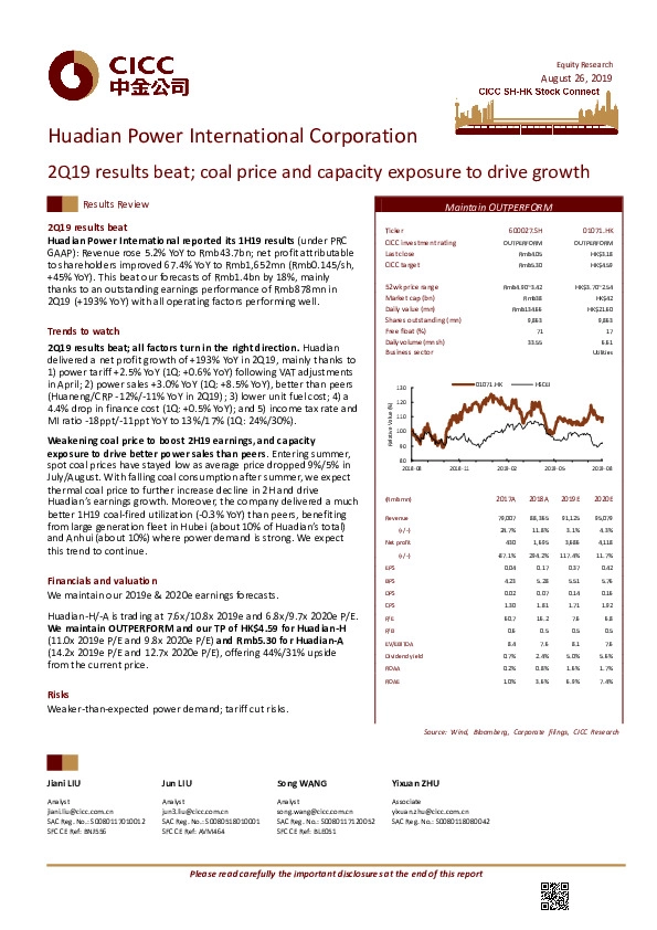 2Q19 results beat; coal price and capacity exposure to drive growth