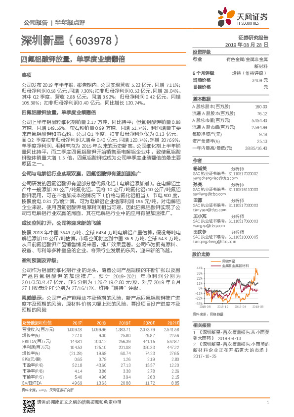 四氟铝酸钾放量，单季度业绩翻倍