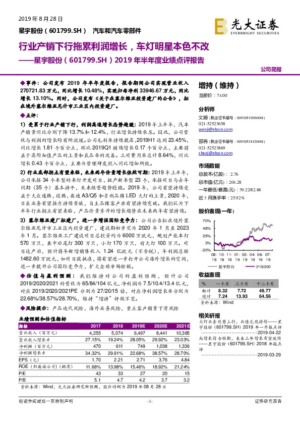 2019年半年度业绩点评报告：行业产销下行拖累利润增长，车灯明星本色不改