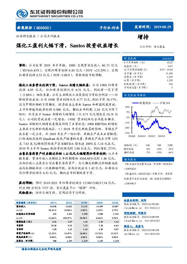 煤化工盈利大幅下滑，Santos投资收益增长