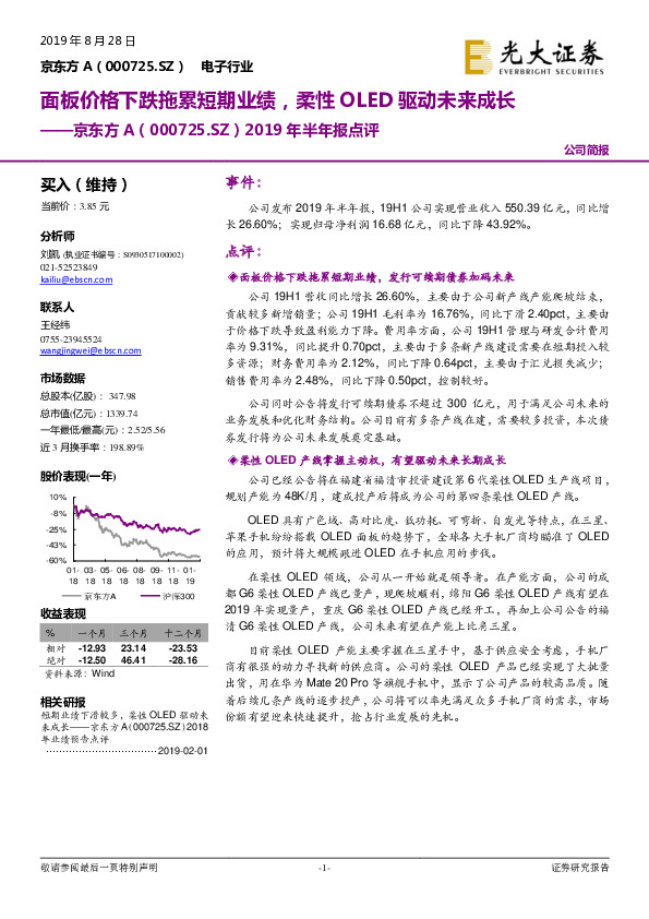 2019年半年报点评：面板价格下跌拖累短期业绩，柔性OLED驱动未来成长