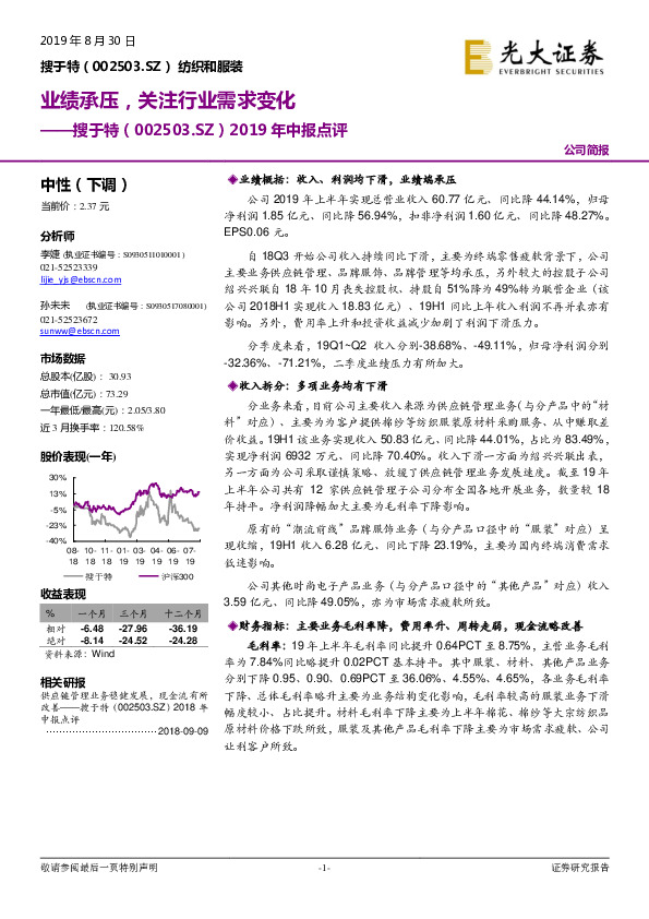 2019年中报点评：业绩承压，关注行业需求变化