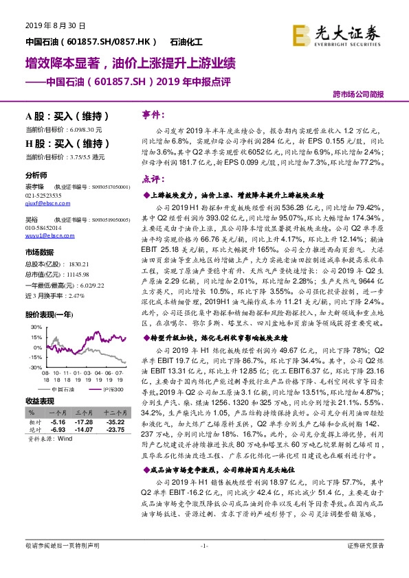 2019年中报点评：增效降本显著，油价上涨提升上游业绩