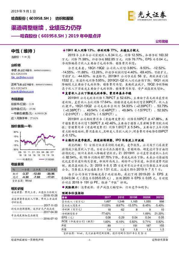 2019年中报点评：渠道调整继续，业绩压力仍存