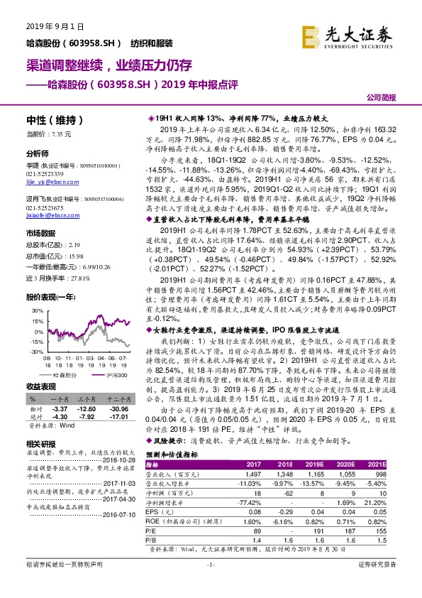 2019年中报点评：渠道调整继续，业绩压力仍存