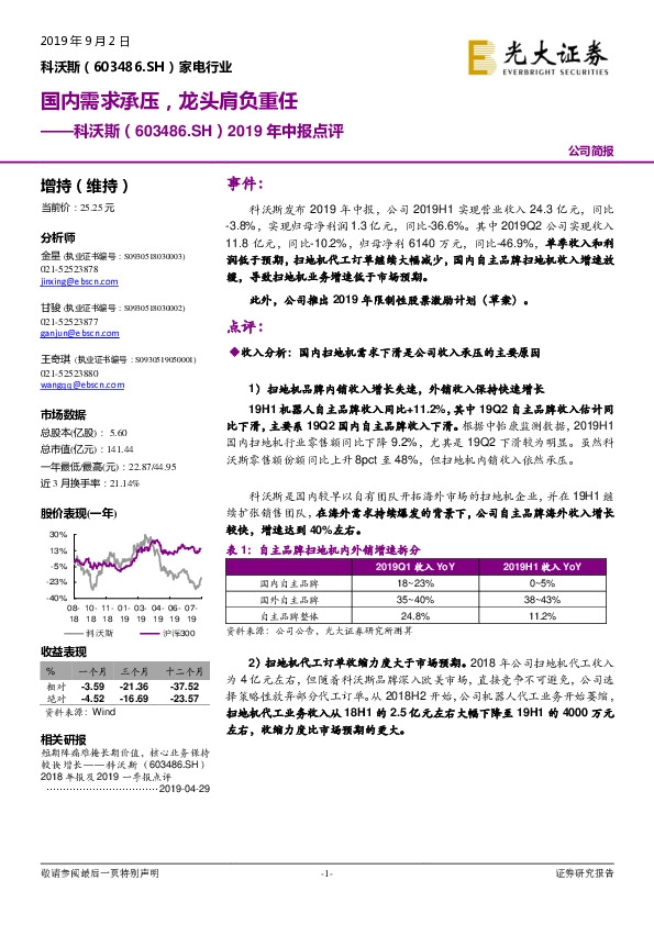 2019年中报点评：国内需求承压，龙头肩负重任