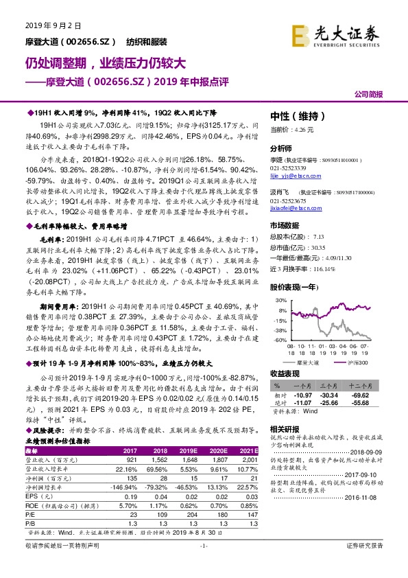 2019年中报点评：仍处调整期，业绩压力仍较大