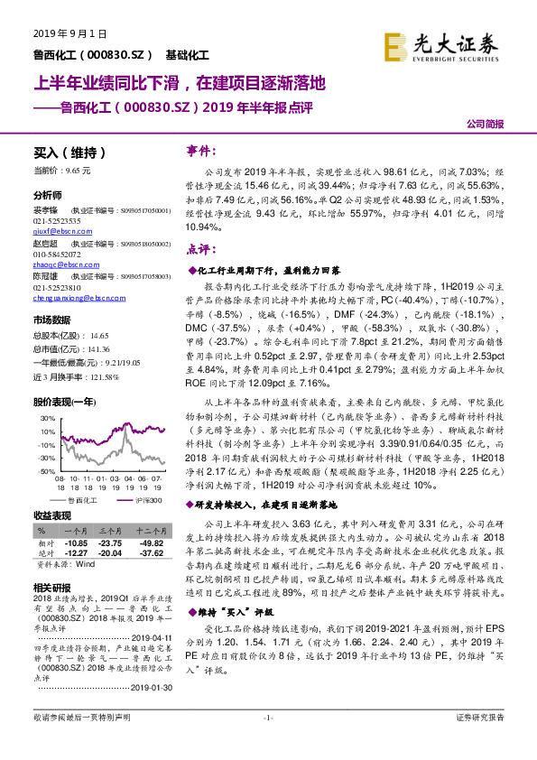 2019年半年报点评：上半年业绩同比下滑，在建项目逐渐落地