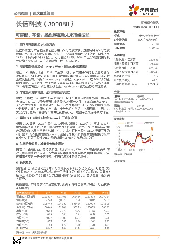 可穿戴、车载、柔性屏驱动未来持续成长