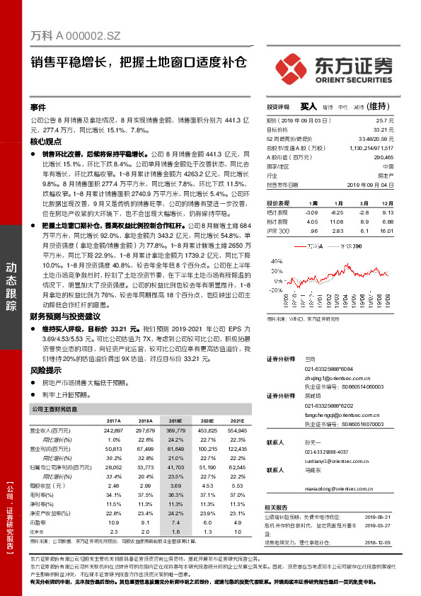 销售平稳增长，把握土地窗口适度补仓