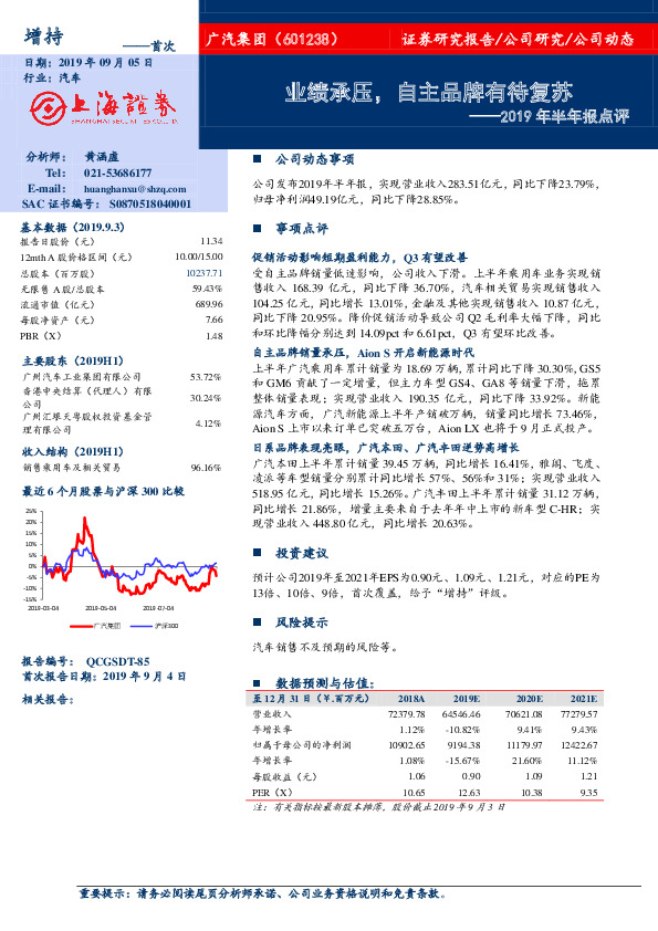 2019年半年报点评：业绩承压，自主品牌有待复苏