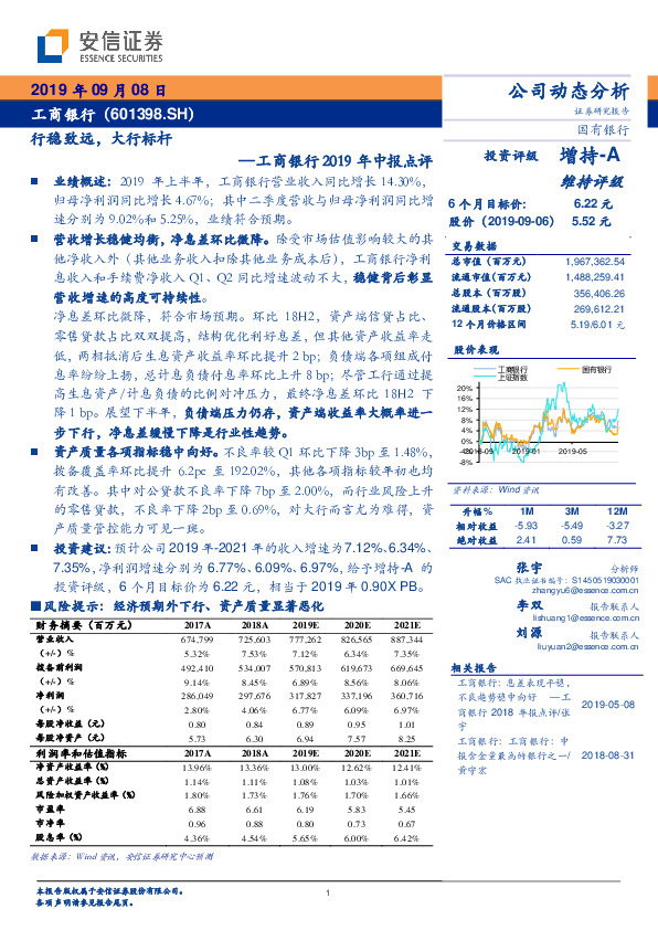 工商银行2019年中报点评：行稳致远，大行标杆