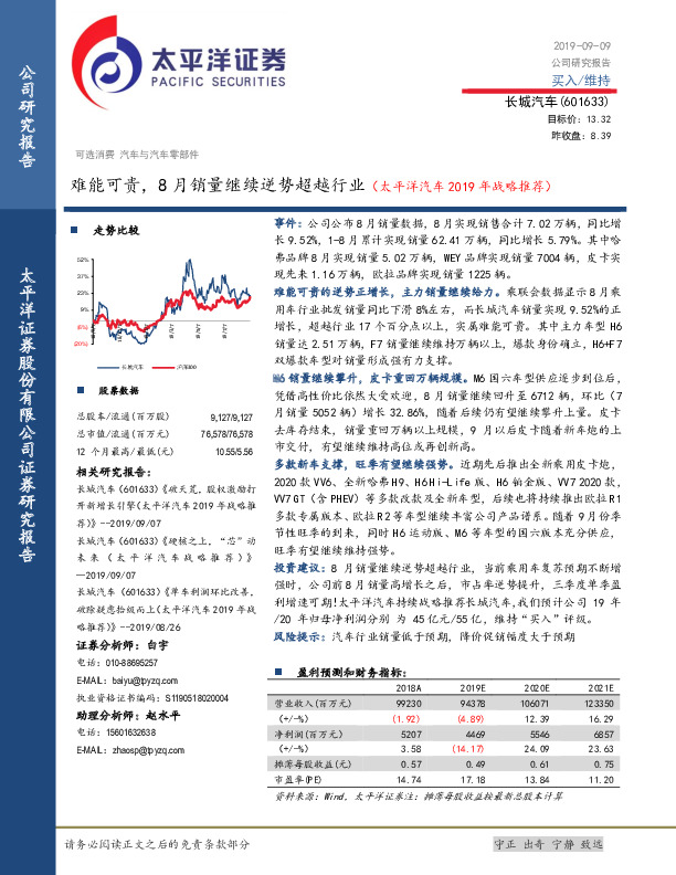 难能可贵，8月销量继续逆势超越行业（太平洋汽车2019年战略推荐）