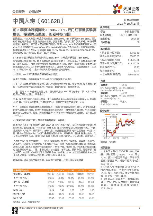 前3季度净利润同比+180%-200%，开门红有望实现高增长，短期亮点显著，长期转型可期