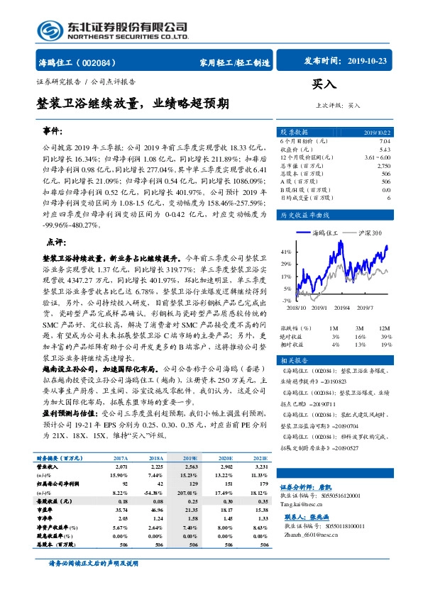 整装卫浴继续放量，业绩略超预期