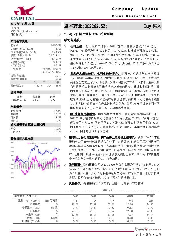 2019Q1-Q3同比增长23%，符合预期