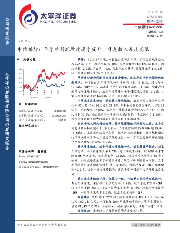 中信银行：单季净利润增速逐季提升，非息收入表现亮眼