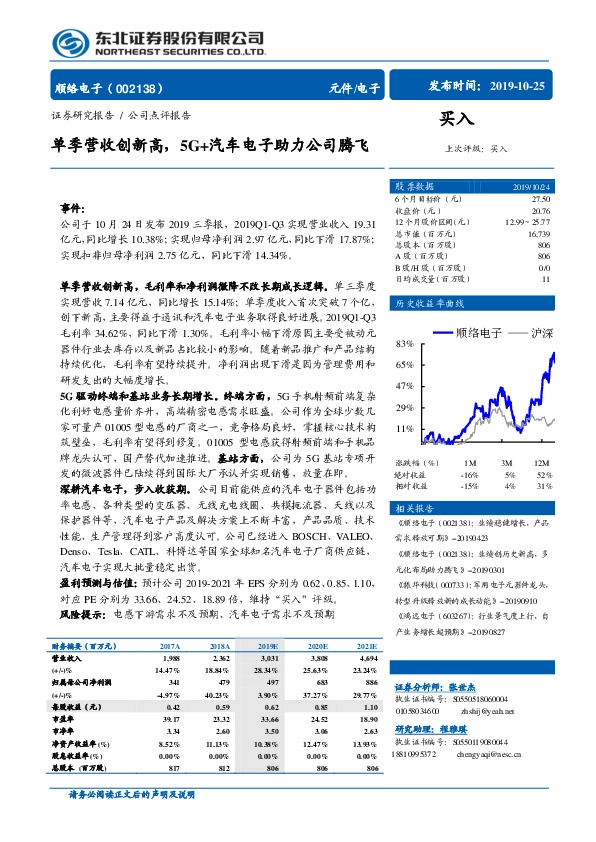 单季营收创新高，5G+汽车电子助力公司腾飞
