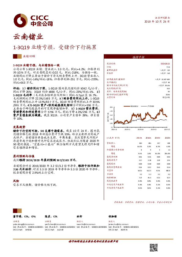 1-3Q19业绩亏损，受锗价下行拖累