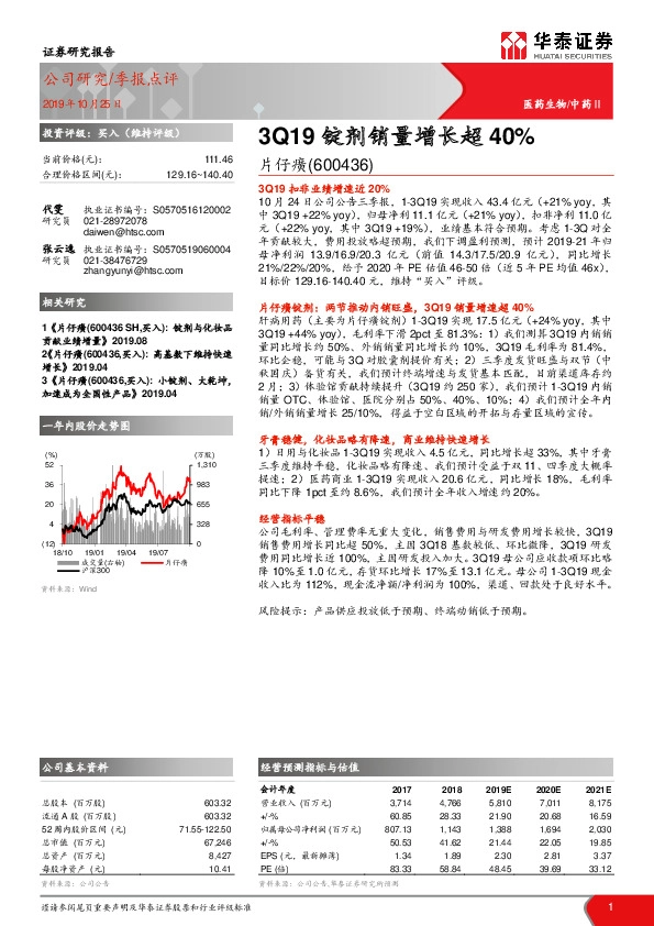 3Q19锭剂销量增长超40%