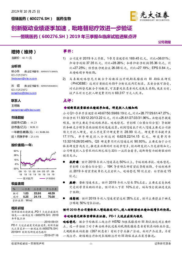 2019年三季报&临床试验进展点评：创新驱动业绩逐季加速，吡咯替尼疗效进一步验证