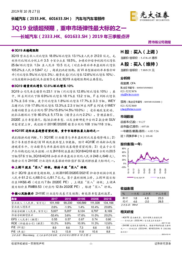 2019年三季报点评：3Q19业绩超预期，重申市场弹性最大标的之一