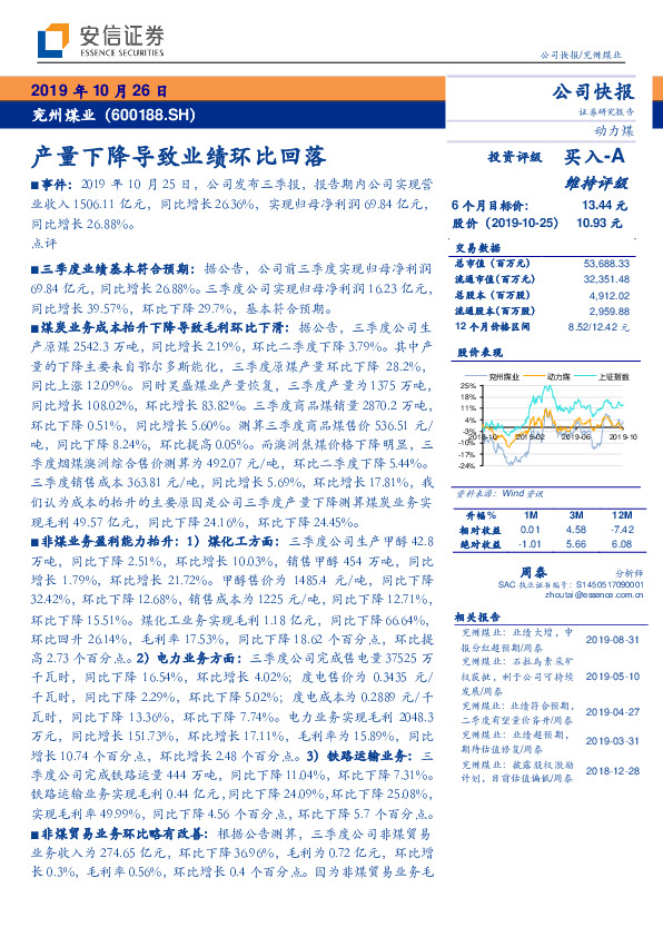 产量下降导致业绩环比回落