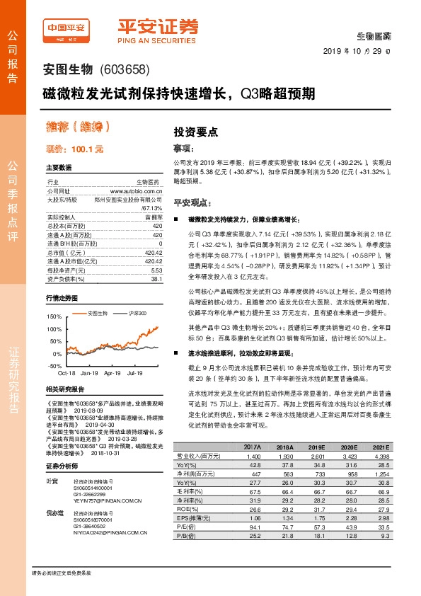 磁微粒发光试剂保持快速增长，Q3略超预期