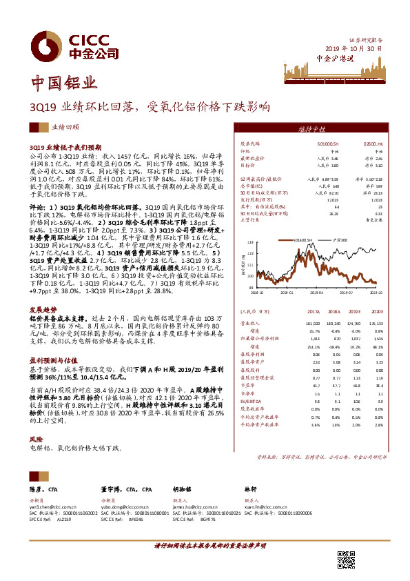 3Q19业绩环比回落，受氧化铝价格下跌影响