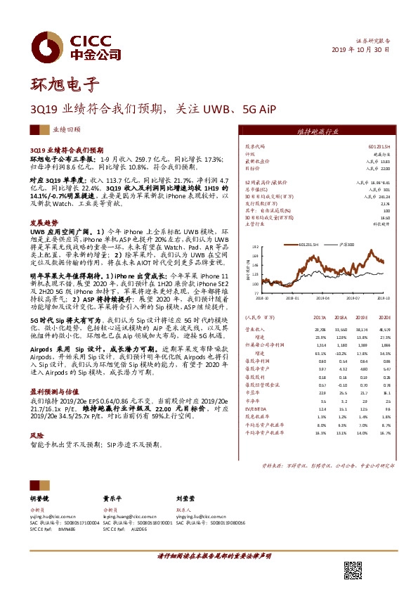 3Q19业绩符合我们预期，关注UWB、5GAiP