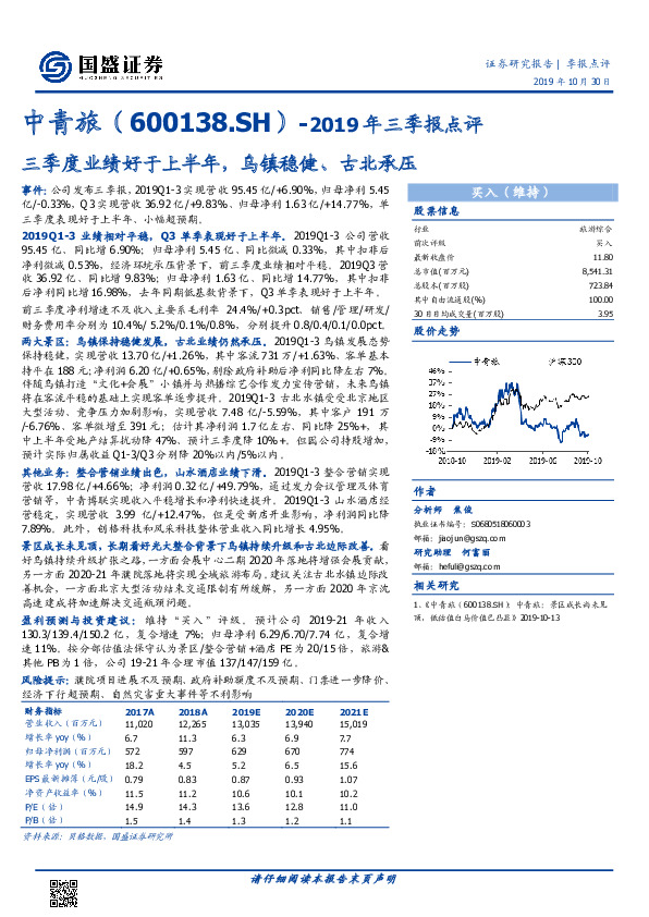 2019年三季报点评：三季度业绩好于上半年，乌镇稳健、古北承压