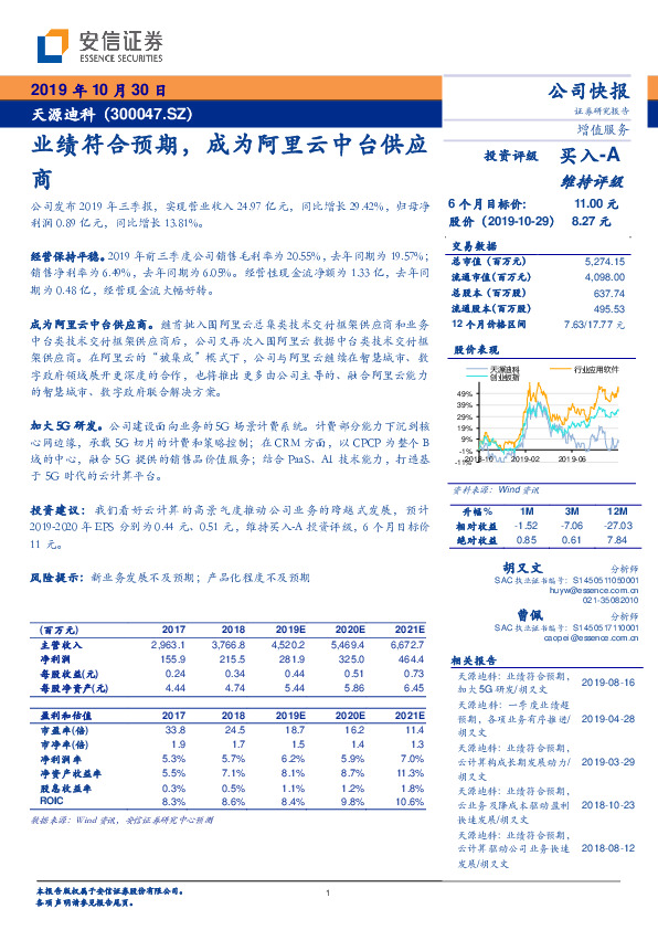 业绩符合预期，成为阿里云中台供应商