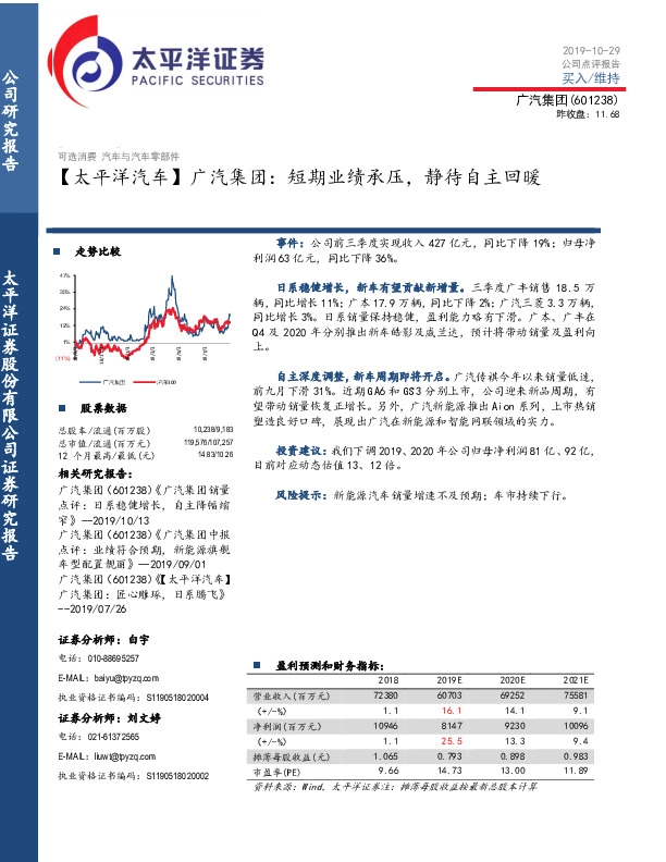 【太平洋汽车】广汽集团：短期业绩承压，静待自主回暖