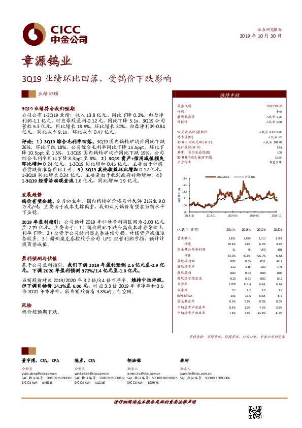 3Q19业绩环比回落，受钨价下跌影响