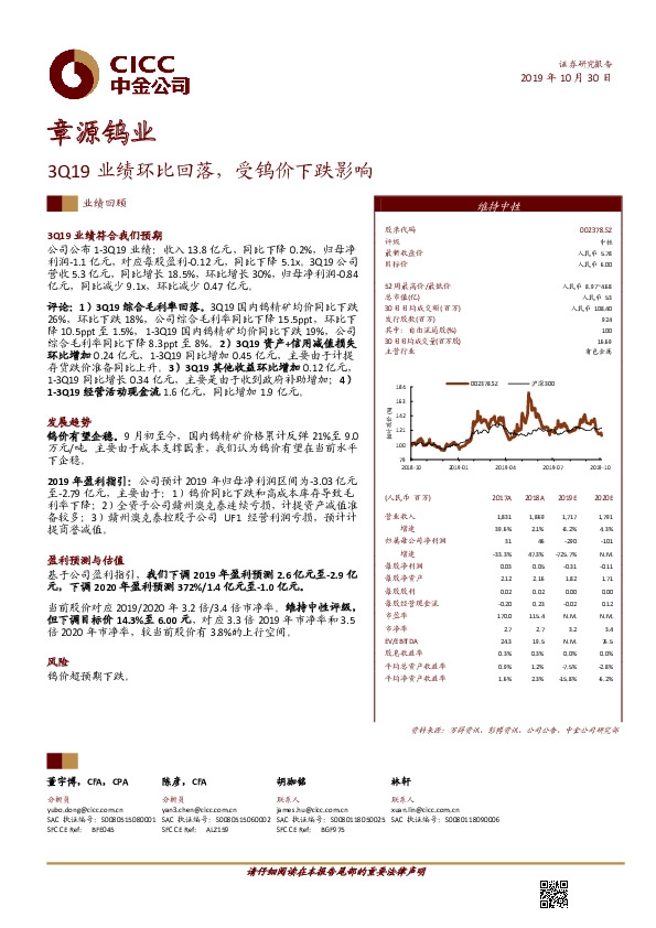 3Q19业绩环比回落，受钨价下跌影响