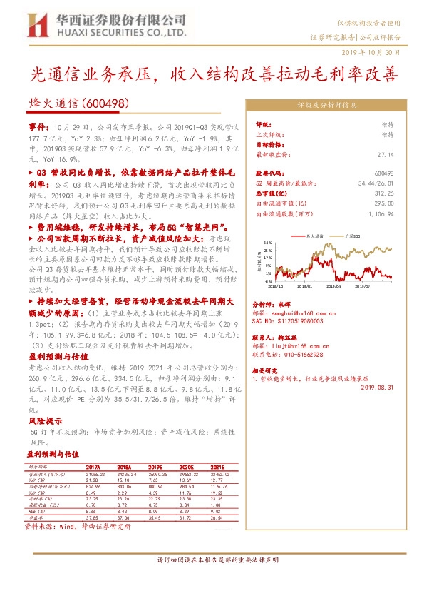 光通信业务承压，收入结构改善拉动毛利率改善