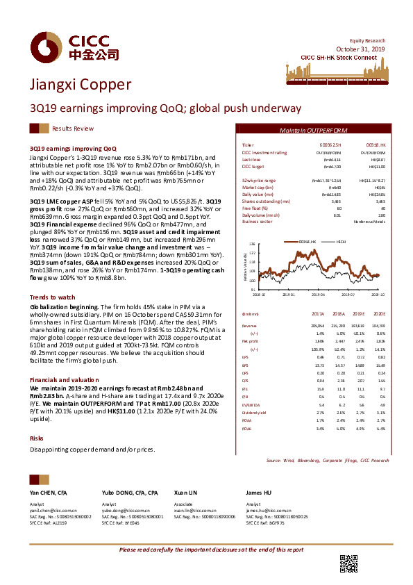 3Q19 earnings improving QoQ; global push underway